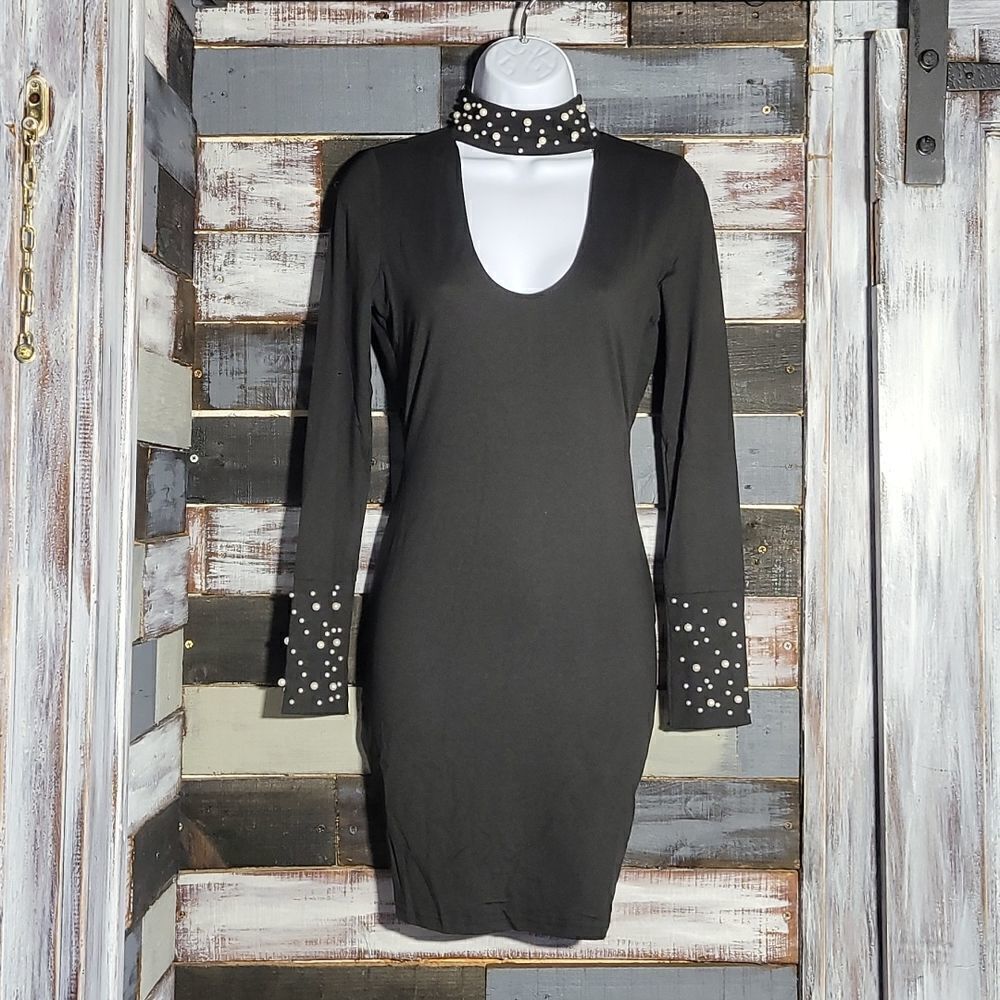 Black Bodycon Keyhole Pearl Accent Chocker Dress Size S